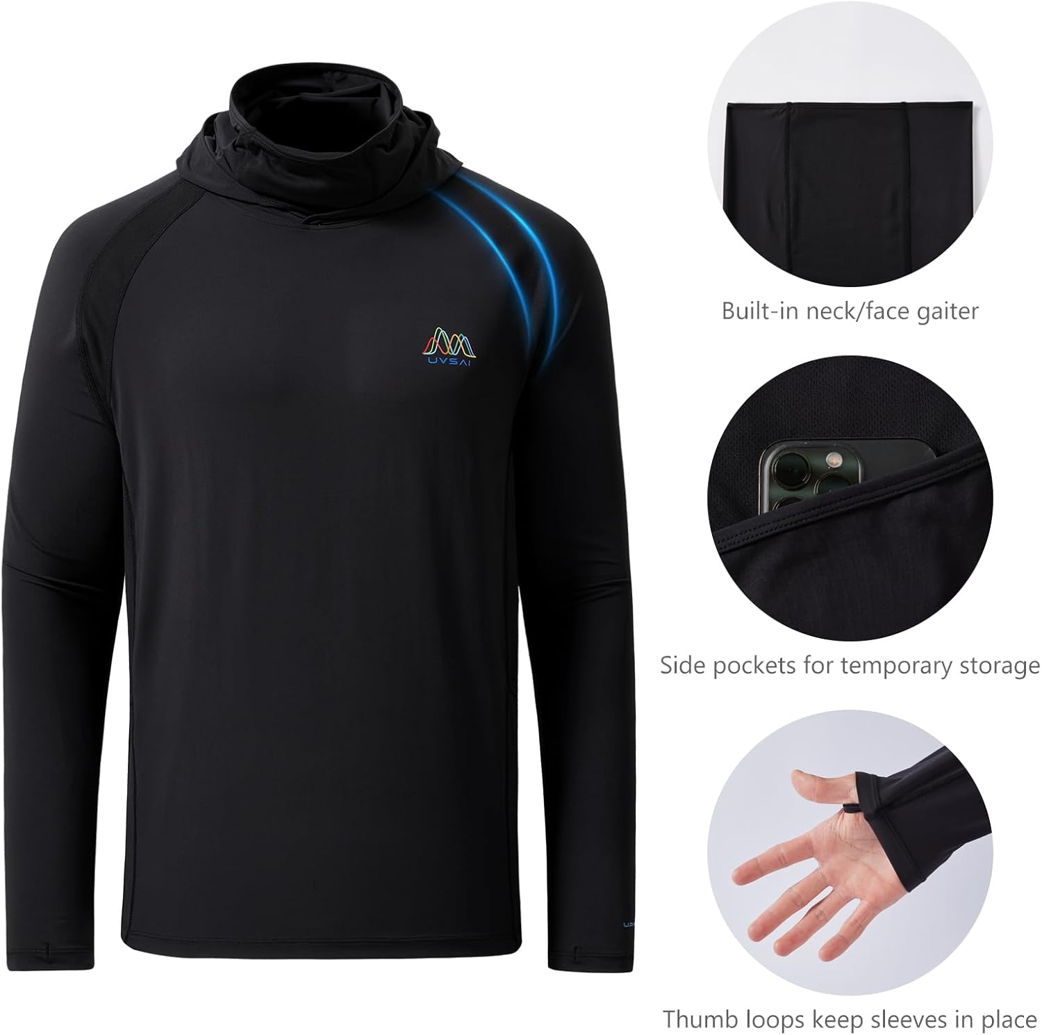 Men’s UPF 50+ Hoodie Shirt with Mask Long Sleeve Permanent UV Sun Protection Neck Gaiter Performance T for Outdoor