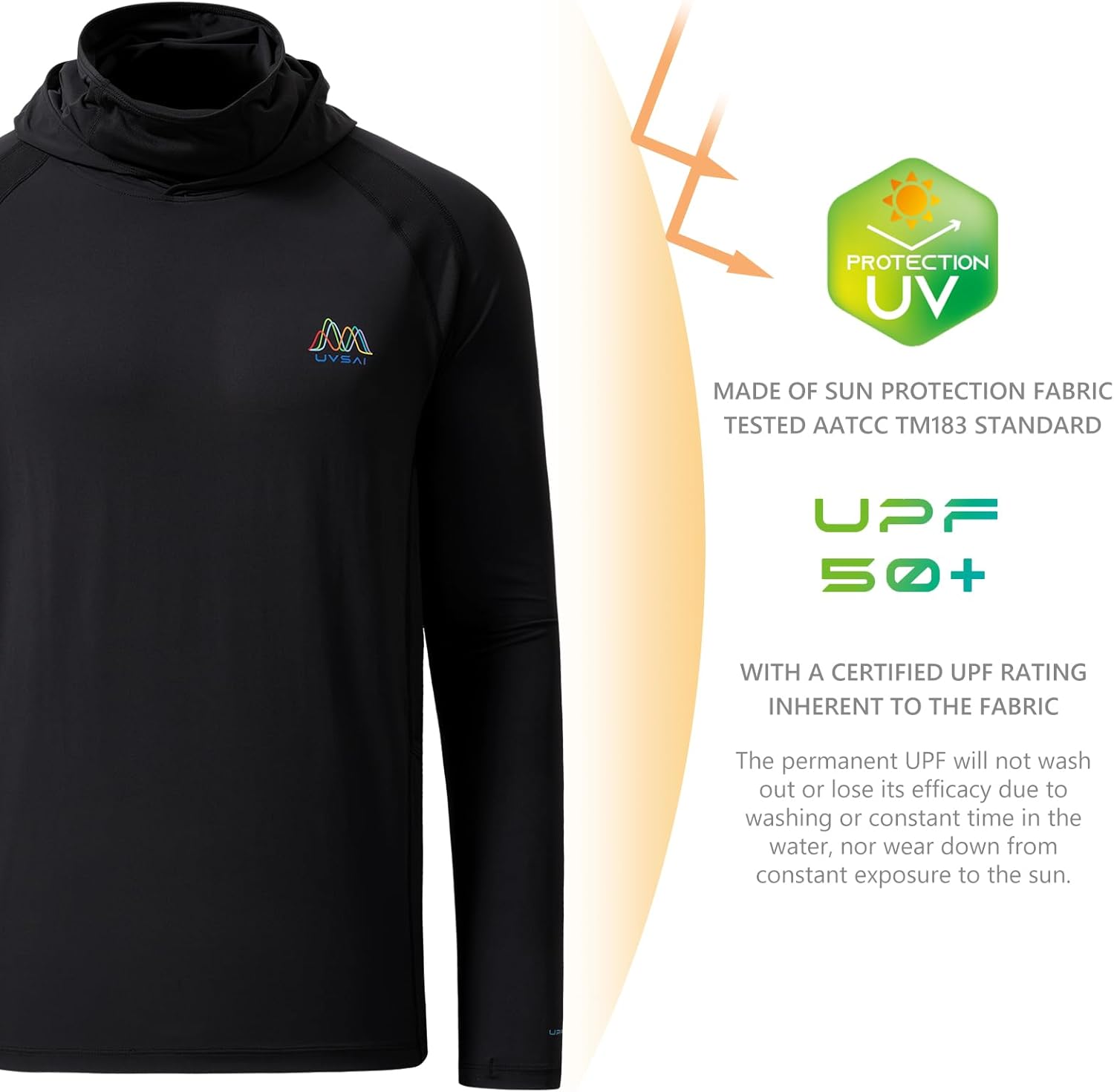 Men’s UPF 50+ Hoodie Shirt with Mask Long Sleeve Permanent UV Sun Protection Neck Gaiter Performance T for Outdoor