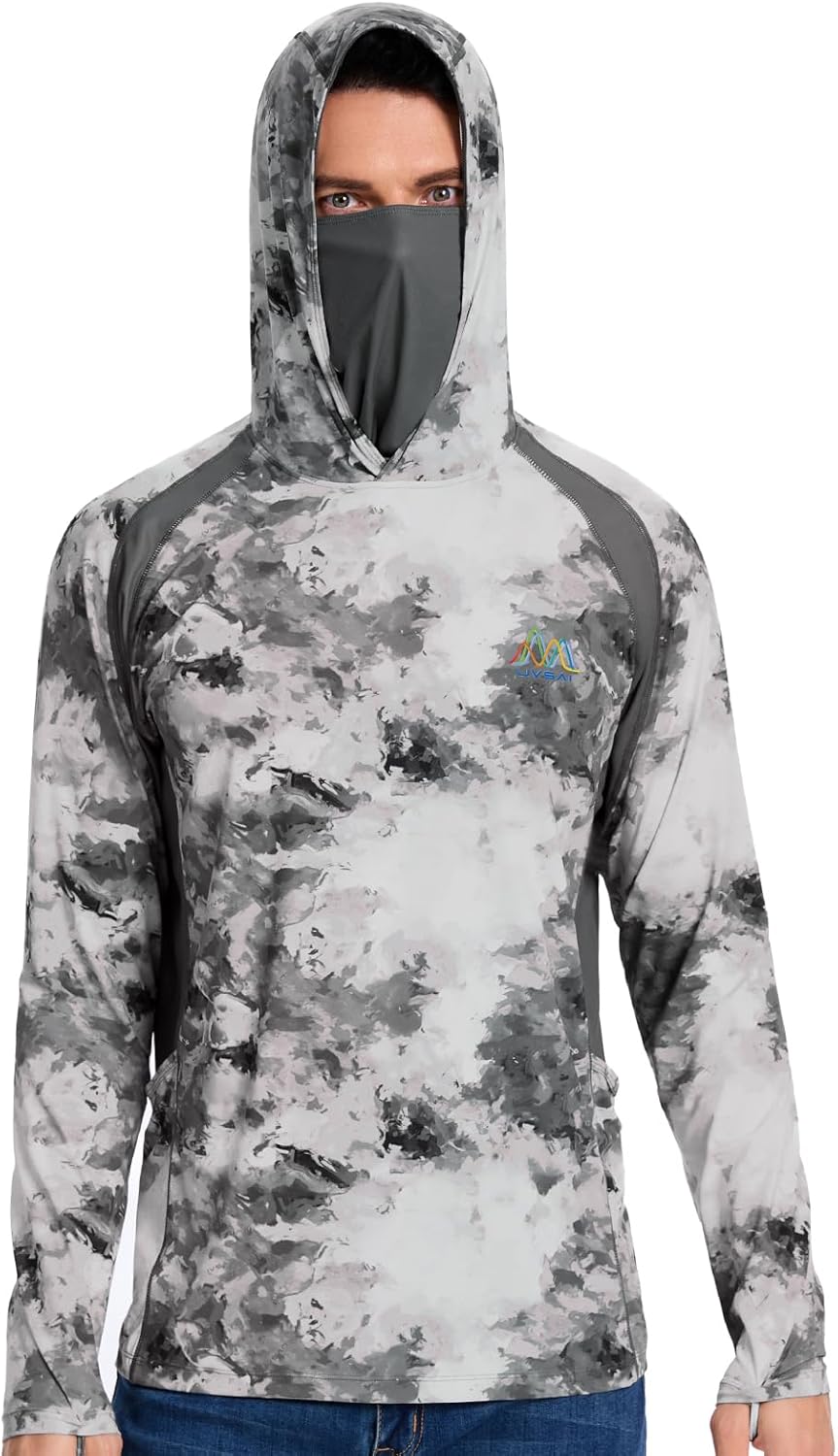 Men’s UPF 50+ Hoodie Shirt with Mask Long Sleeve Permanent UV Sun Protection Neck Gaiter Performance T for Outdoor