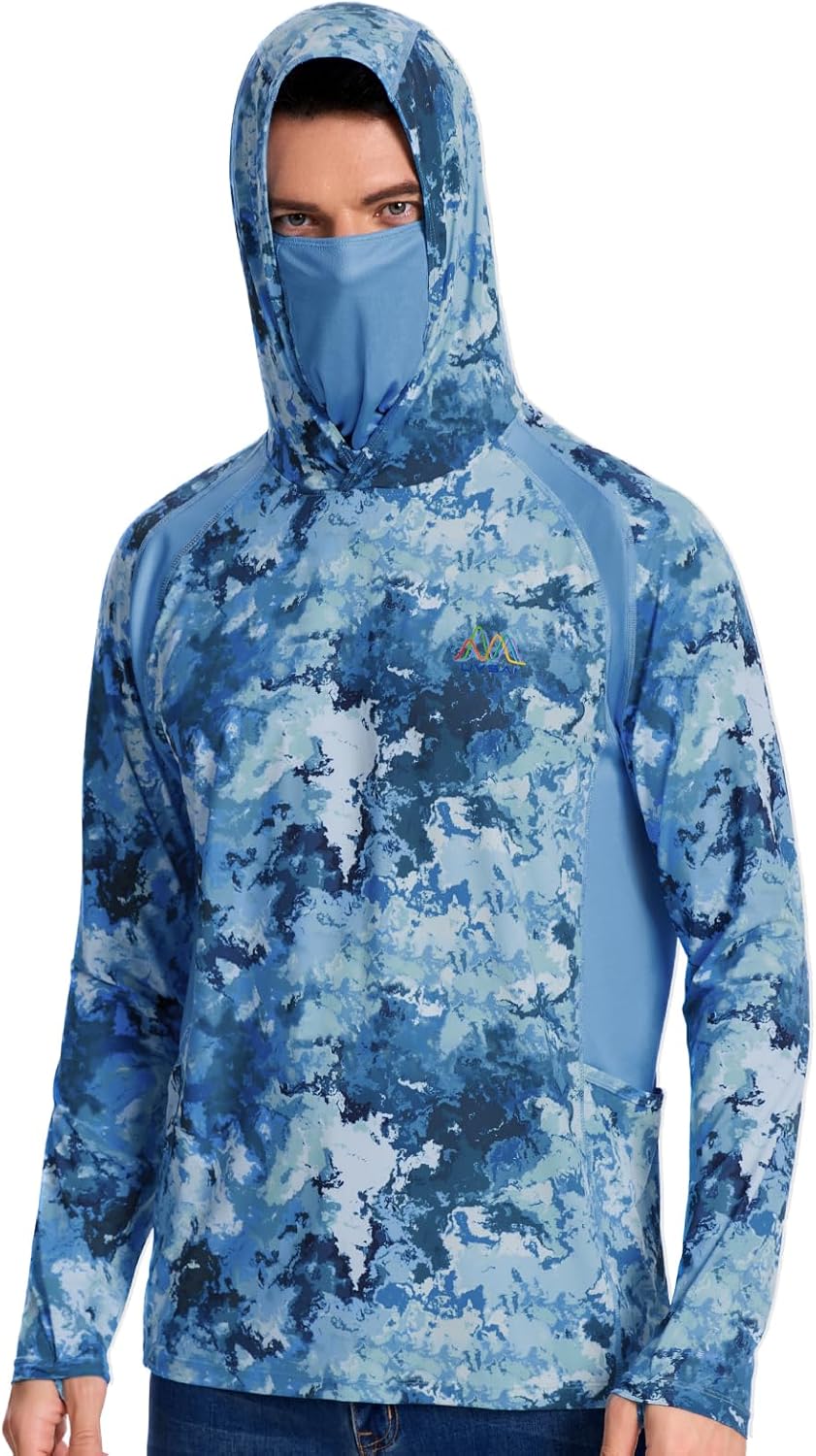 Men’s UPF 50+ Hoodie Shirt with Mask Long Sleeve Permanent UV Sun Protection Neck Gaiter Performance T for Outdoor