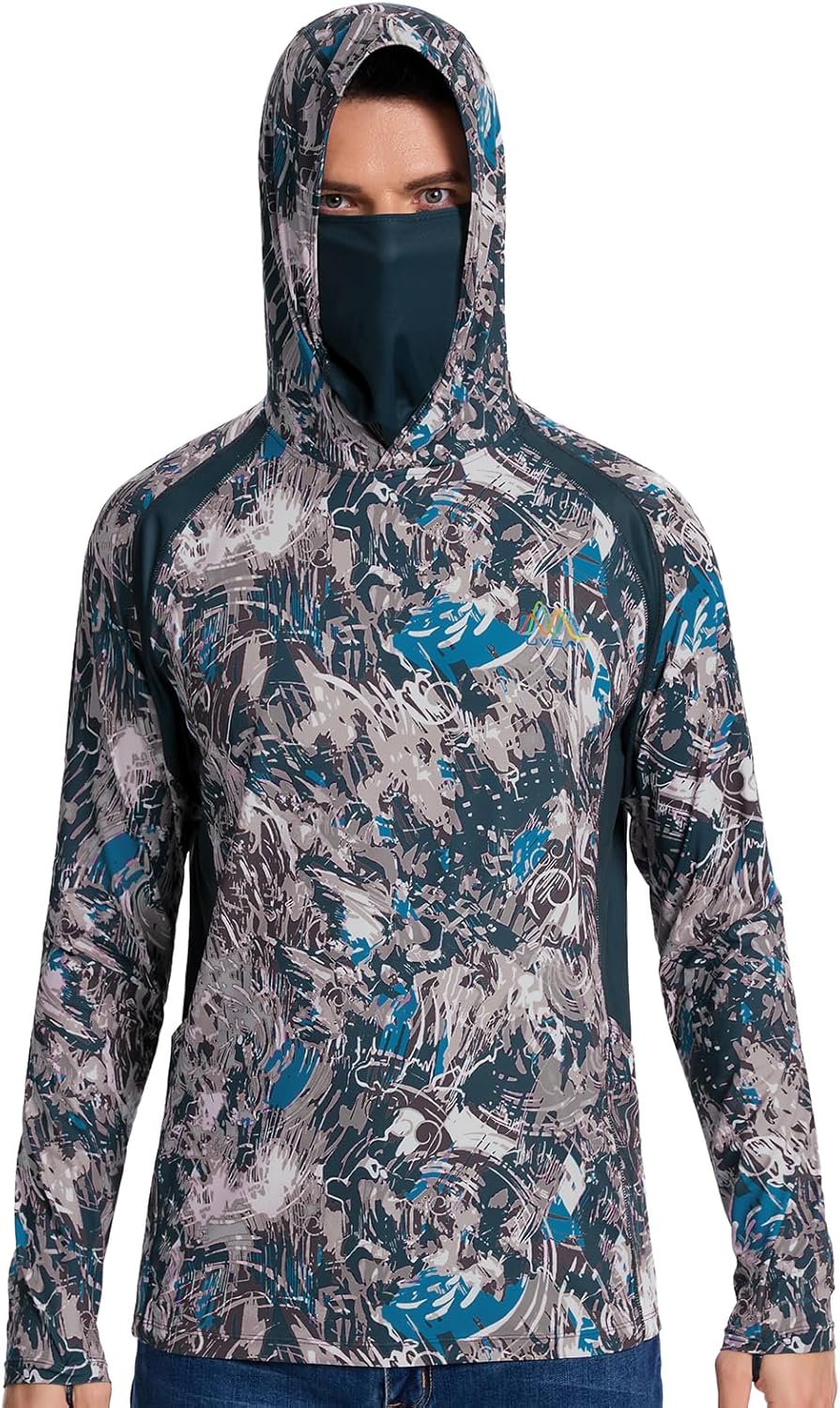Men’s UPF 50+ Hoodie Shirt with Mask Long Sleeve Permanent UV Sun Protection Neck Gaiter Performance T for Outdoor