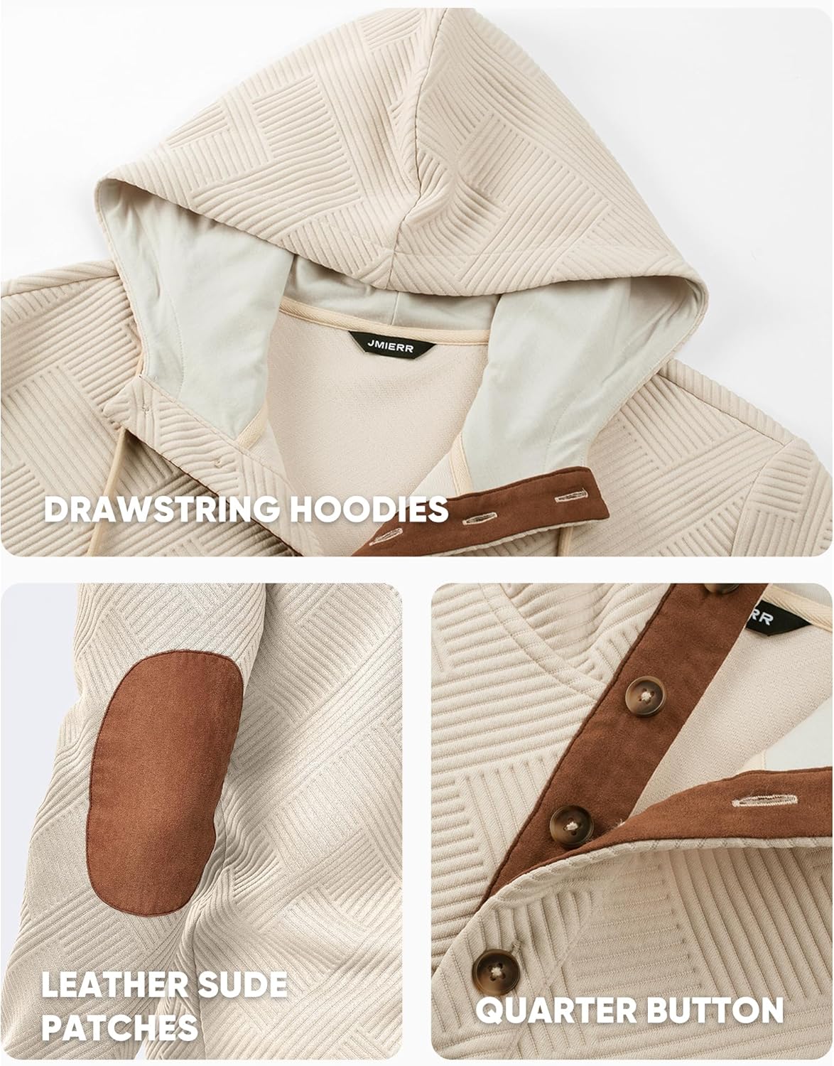 JMIERR Mens Hoodies Casual Cotton Textured Long Sleeve Half Button Pullover Hooded Sweatshirts