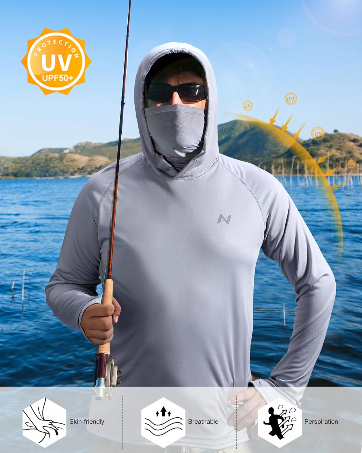 isnowood Sun Shirt UPF 50+ Men's Fishing Long Sleeve Hooded Rash Guard Hiking Swimming Running UV Protection Hoodie