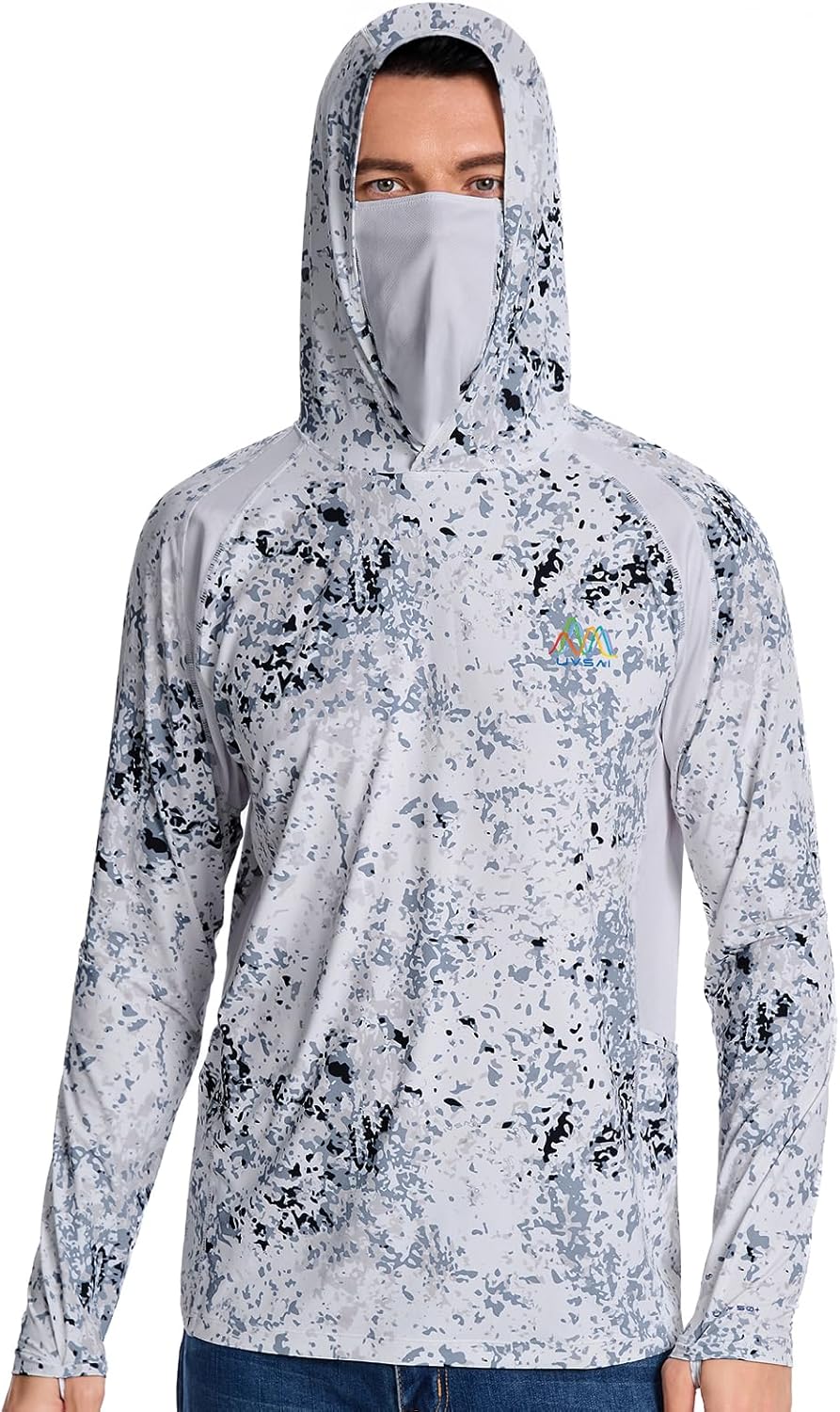 Men’s UPF 50+ Hoodie Shirt with Mask Long Sleeve Permanent UV Sun Protection Neck Gaiter Performance T for Outdoor