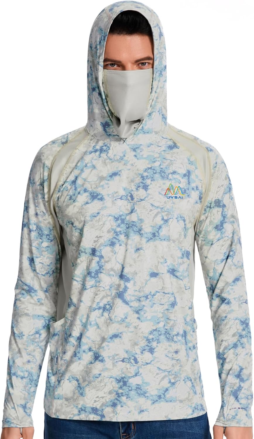 Men’s UPF 50+ Hoodie Shirt with Mask Long Sleeve Permanent UV Sun Protection Neck Gaiter Performance T for Outdoor