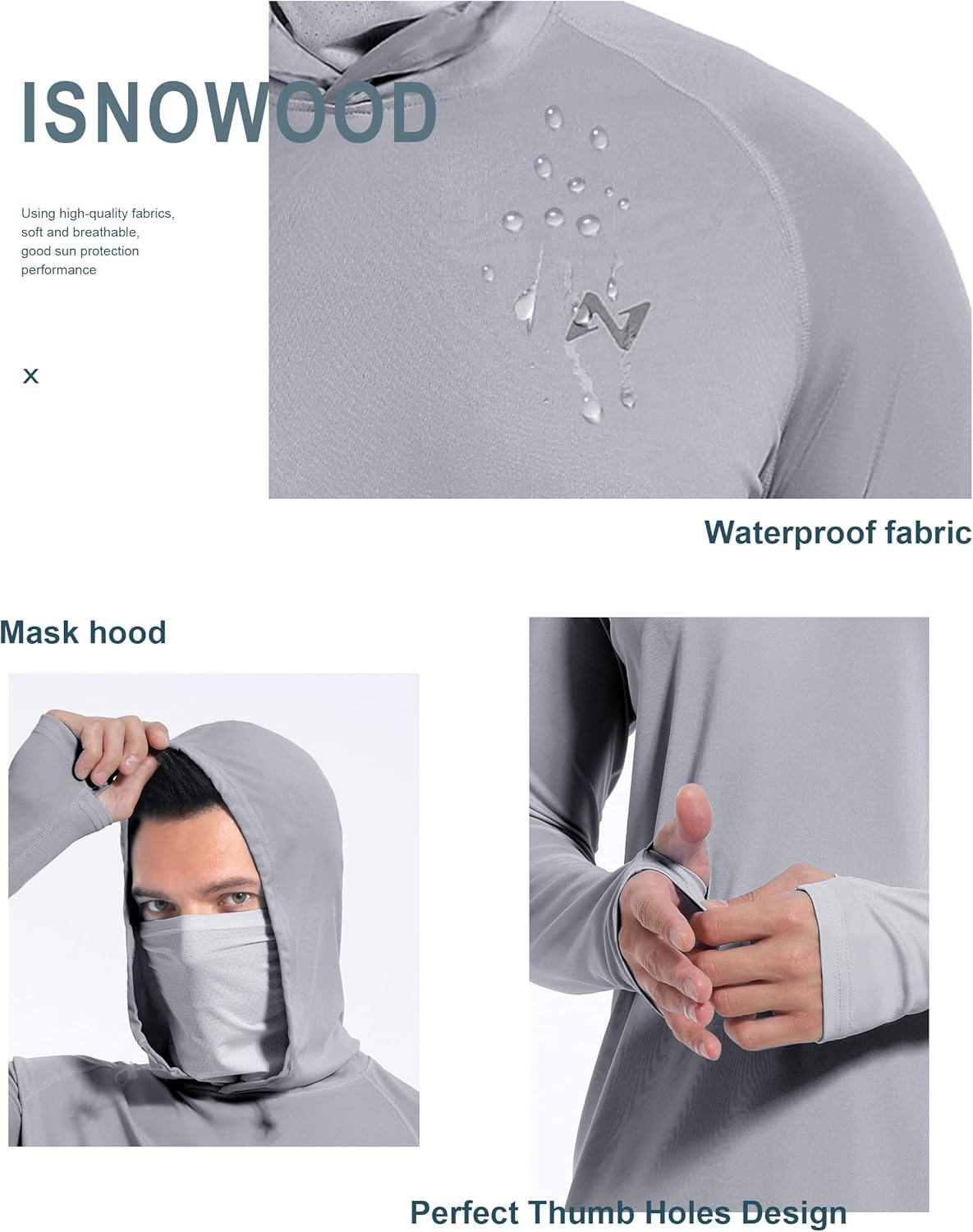 isnowood Sun Shirt UPF 50+ Men's Fishing Long Sleeve Hooded Rash Guard Hiking Swimming Running UV Protection Hoodie