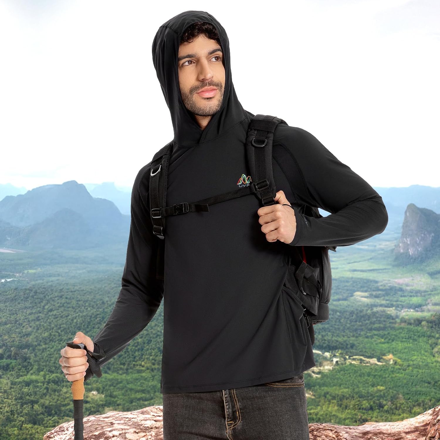 Men’s UPF 50+ Hoodie Shirt with Mask Long Sleeve Permanent UV Sun Protection Neck Gaiter Performance T for Outdoor