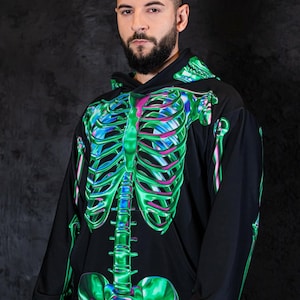 Green Skeleton Men's Hoodie, Halloween Hoodie, aesthetic hoodie with skull, graphic oversized hoodie for men, Halloween couple costume