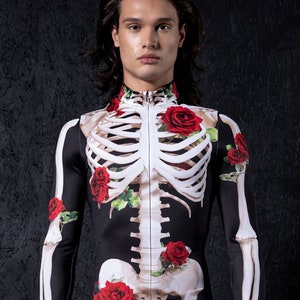 Mens Skeleton Costume with Roses, Day of the Dead Costume, Skeleton Bodysuit, Halloween couple costume, skeleton costume