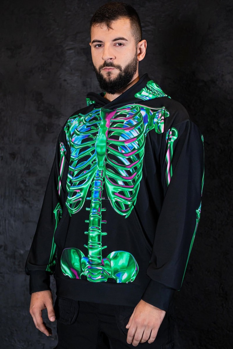 Green Skeleton Men's Hoodie, Halloween Hoodie, aesthetic hoodie with skull, graphic oversized hoodie for men, Halloween couple costume