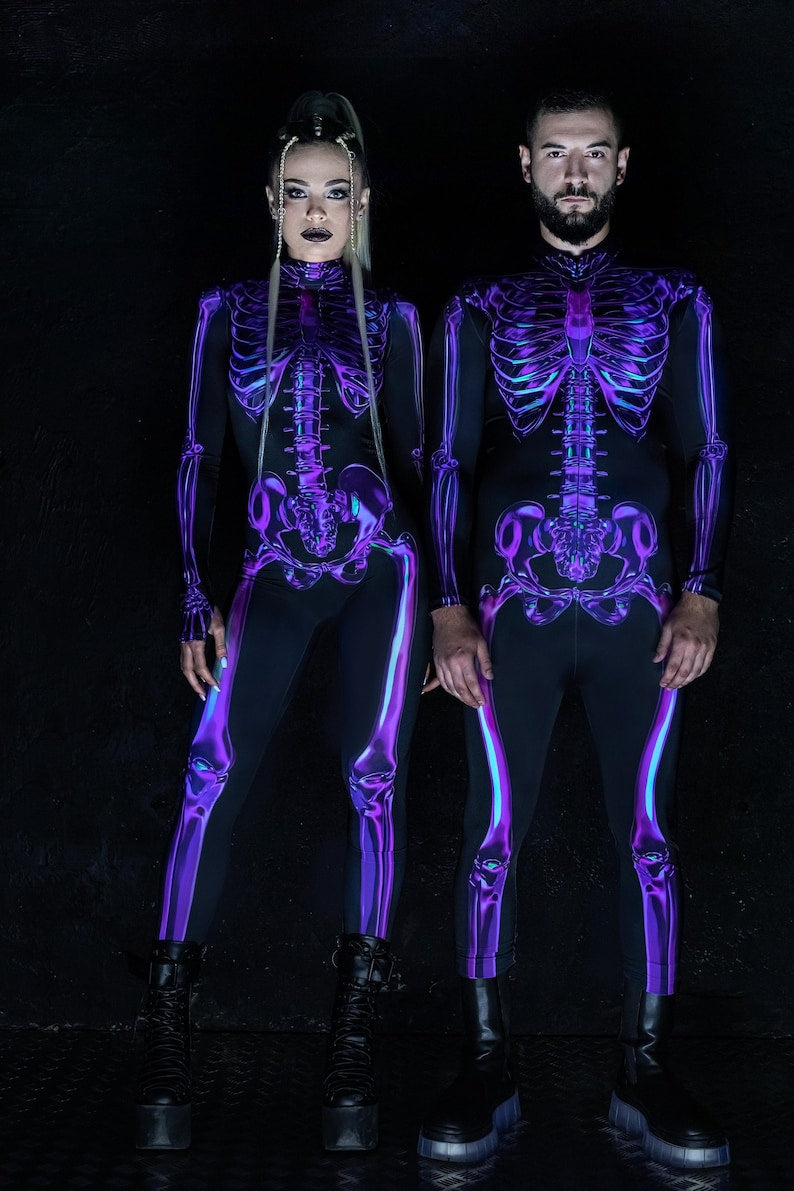 Purple Skeleton Costume for Men, adult Halloween Costumes, skeleton Halloween couple costume, skeleton bodysuit men, cosplay costume for men