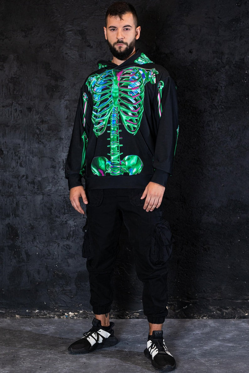Green Skeleton Men's Hoodie, Halloween Hoodie, aesthetic hoodie with skull, graphic oversized hoodie for men, Halloween couple costume