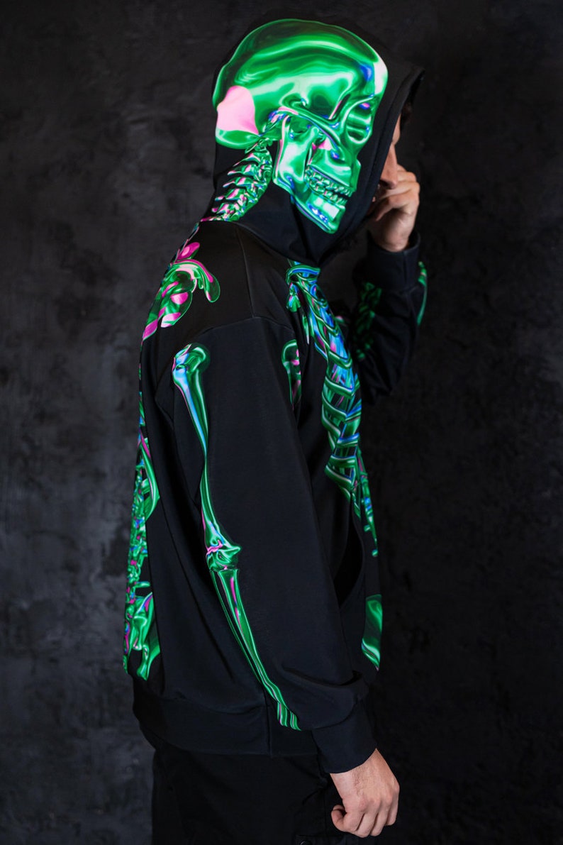 Green Skeleton Men's Hoodie, Halloween Hoodie, aesthetic hoodie with skull, graphic oversized hoodie for men, Halloween couple costume
