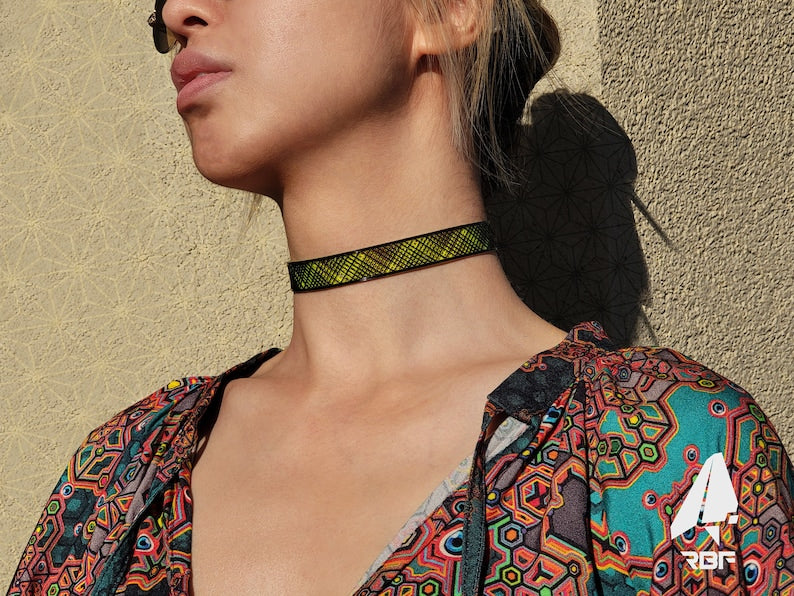 Moire Plaid UV Choker - Rubber Ravewear (Necklace, Artwear, Reactive, Rave Accessories, Jewelry, Fluorescent, Black Light, Neon, Glow)