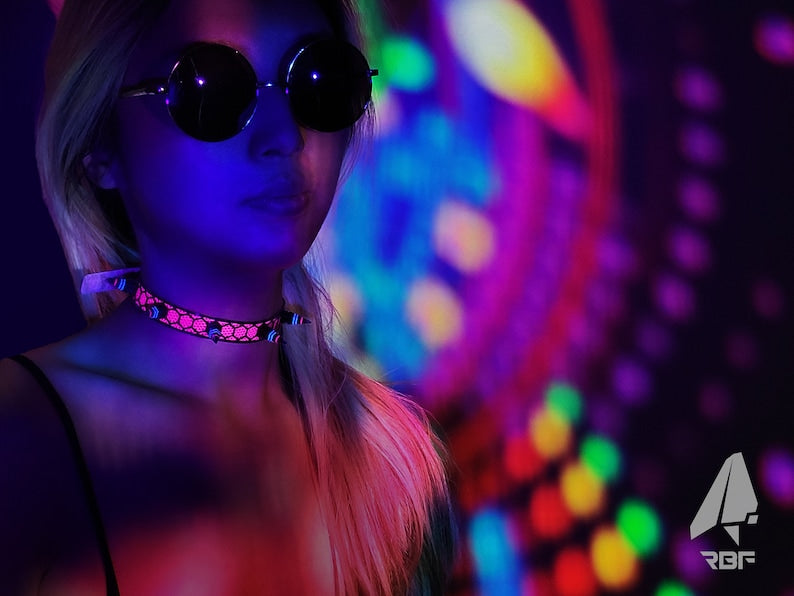 PERF-HEx Pink Rubber Spike Choker (UV Reactive, Necklace, Artwear, Rave Accessories, Rave, Fluorescent, Black Light, Neon, Glow, Party)