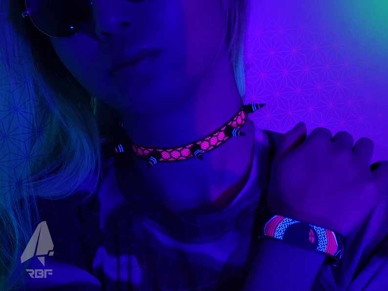 PERF-HEx Pink Rubber Spike Choker (UV Reactive, Necklace, Artwear, Rave Accessories, Rave, Fluorescent, Black Light, Neon, Glow, Party)