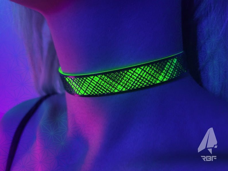 Moire Plaid UV Choker - Rubber Ravewear (Necklace, Artwear, Reactive, Rave Accessories, Jewelry, Fluorescent, Black Light, Neon, Glow)