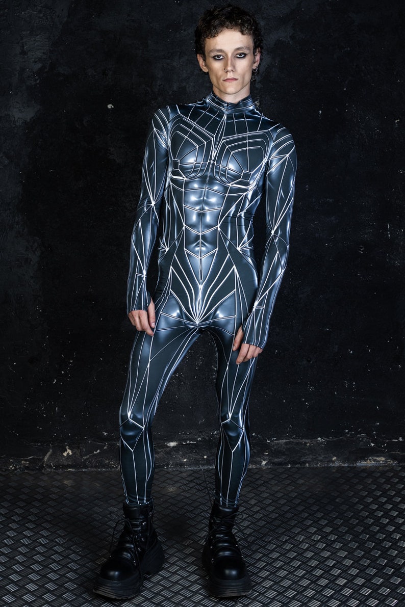 Sci-fi Halloween Costume for Men, Couples Halloween Costumes, Cyberpunk Costume, Futuristic Costume, Printed Metallic Costume