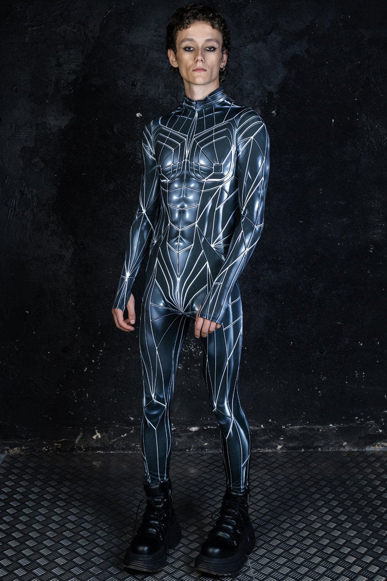 Sci-fi Halloween Costume for Men, Couples Halloween Costumes, Cyberpunk Costume, Futuristic Costume, Printed Metallic Costume
