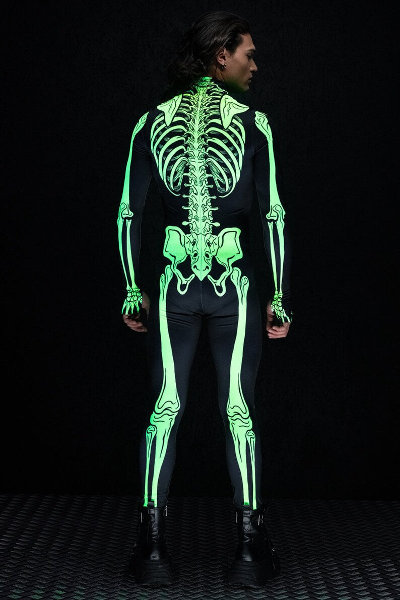 Neon Skeleton Costume for Men, Neon Halloween Costumes, skeleton couple costume, UV light skeleton bodysuit, sexy adult Halloween costume