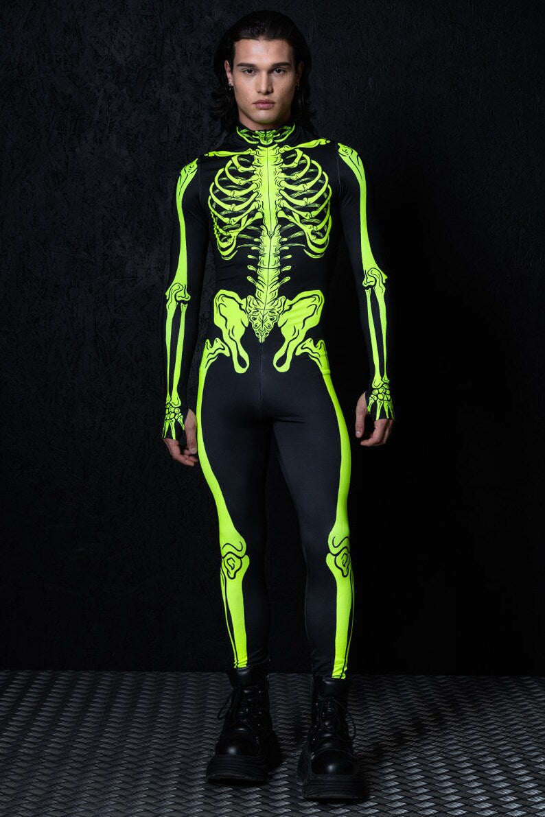 Neon Skeleton Costume for Men, Neon Halloween Costumes, skeleton couple costume, UV light skeleton bodysuit, sexy adult Halloween costume