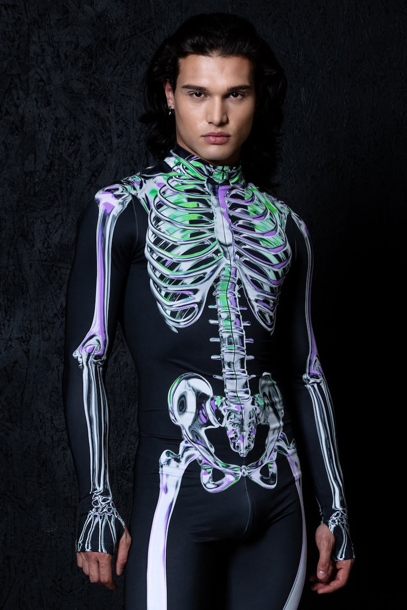 Skeleton Costume for Men, adult Halloween Costumes, Couples Skeleton Costumes, skeleton bodysuit men, glow in the dark skeleton costume