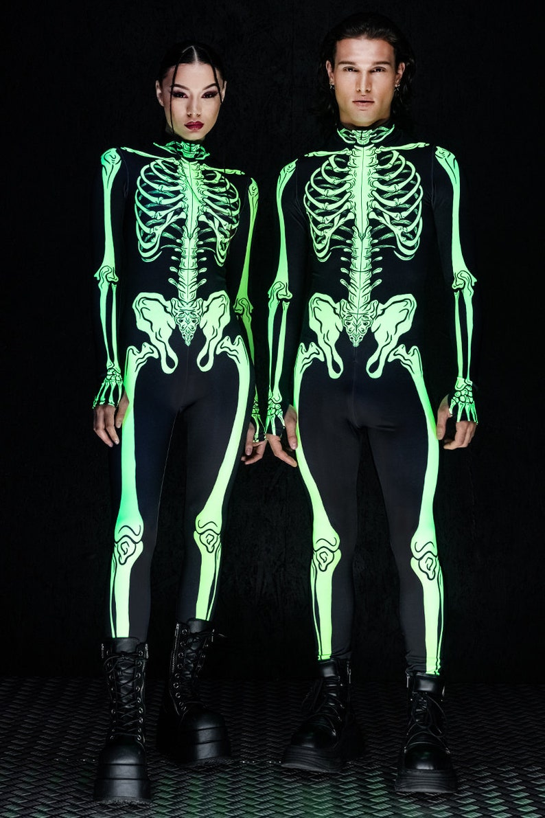 Neon Skeleton Costume for Men, Neon Halloween Costumes, skeleton couple costume, UV light skeleton bodysuit, sexy adult Halloween costume