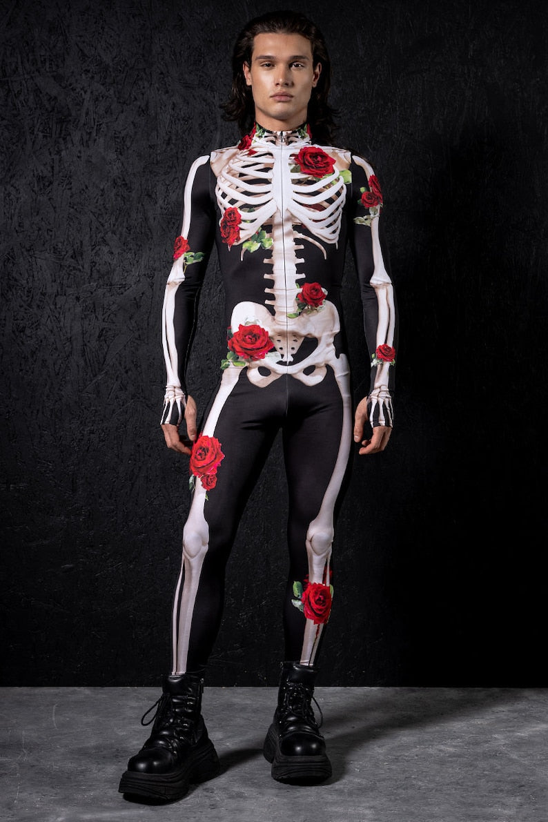 Mens Skeleton Costume with Roses, Day of the Dead Costume, Skeleton Bodysuit, Halloween couple costume, skeleton costume