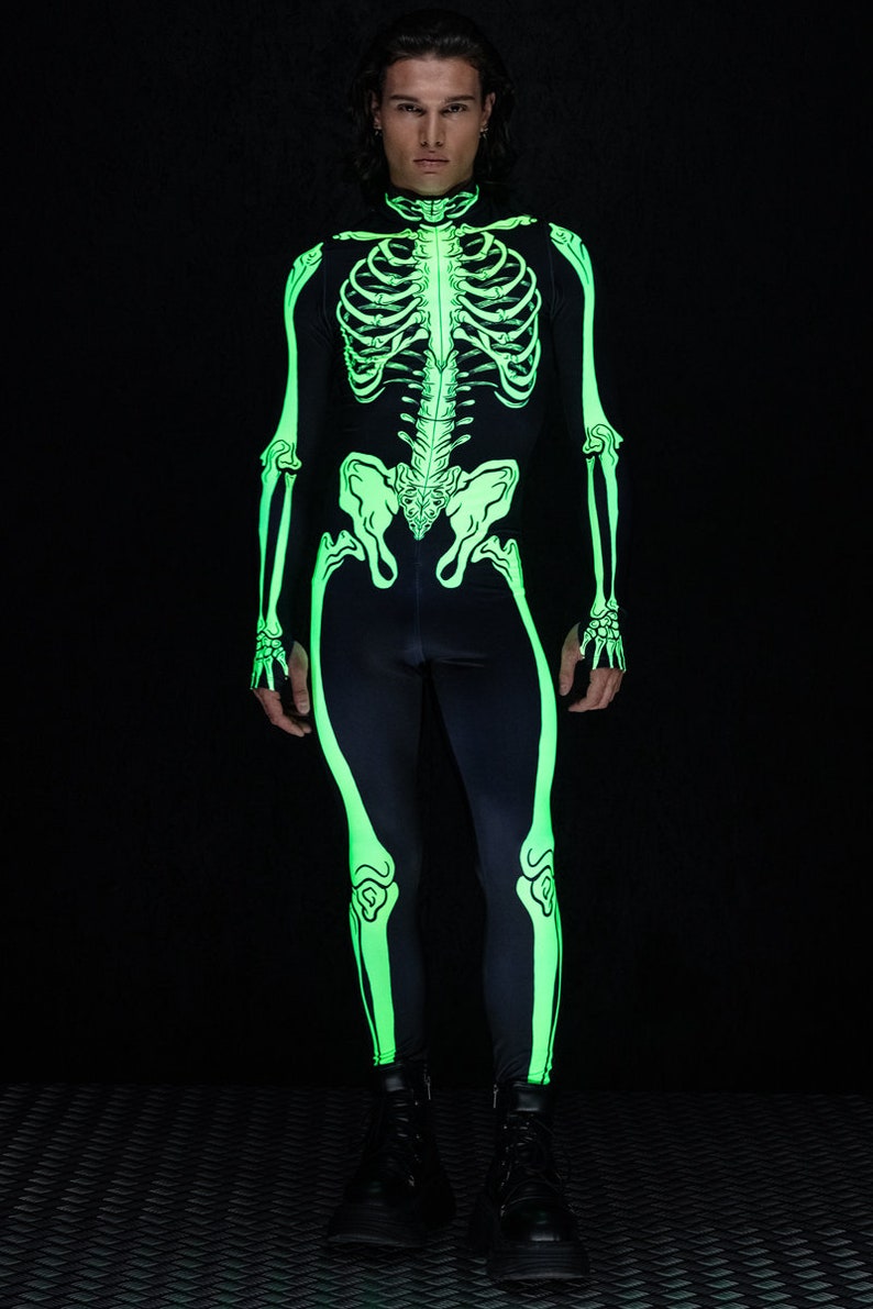 Neon Skeleton Costume for Men, Neon Halloween Costumes, skeleton couple costume, UV light skeleton bodysuit, sexy adult Halloween costume