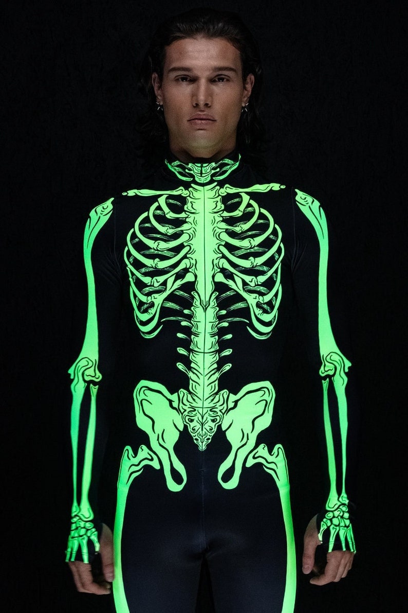 Neon Skeleton Costume for Men, Neon Halloween Costumes, skeleton couple costume, UV light skeleton bodysuit, sexy adult Halloween costume
