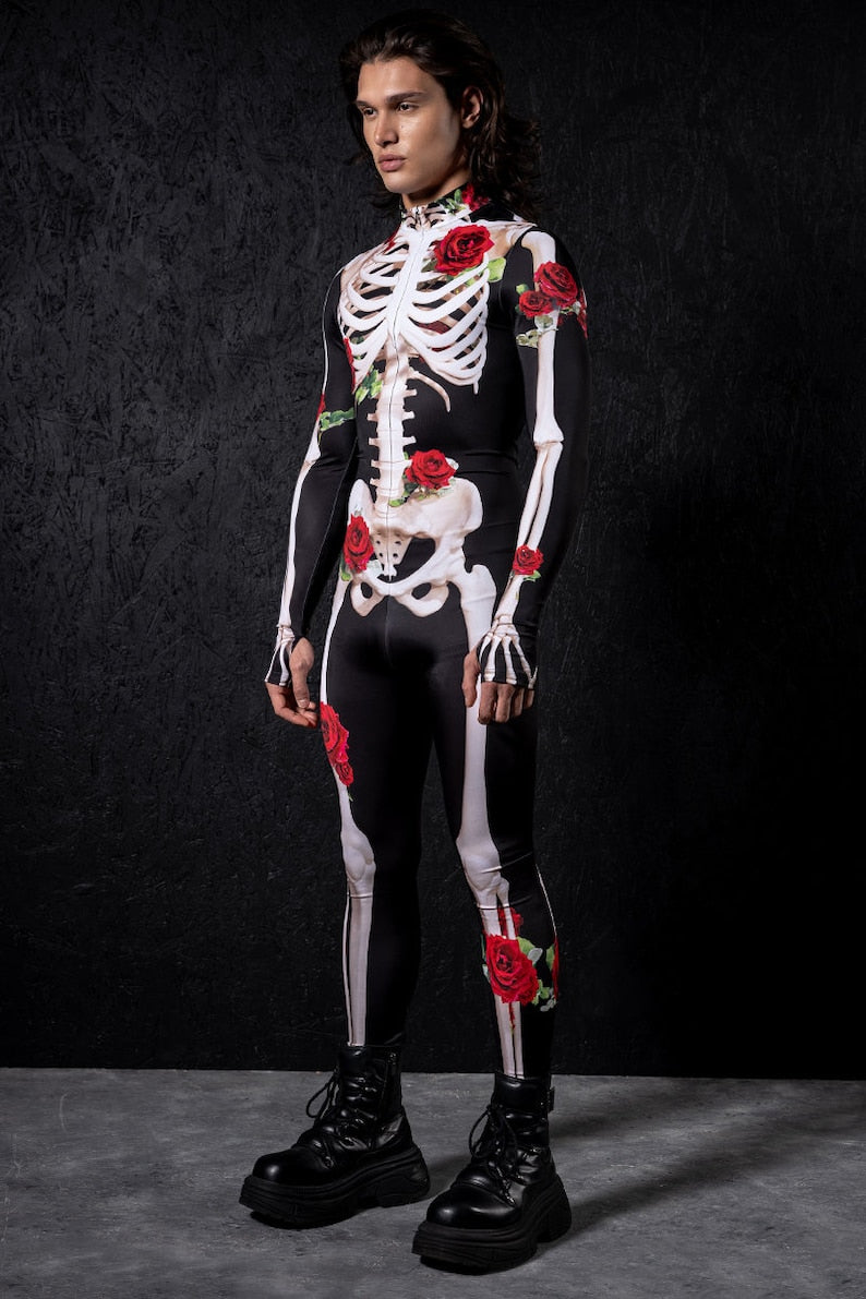 Mens Skeleton Costume with Roses, Day of the Dead Costume, Skeleton Bodysuit, Halloween couple costume, skeleton costume