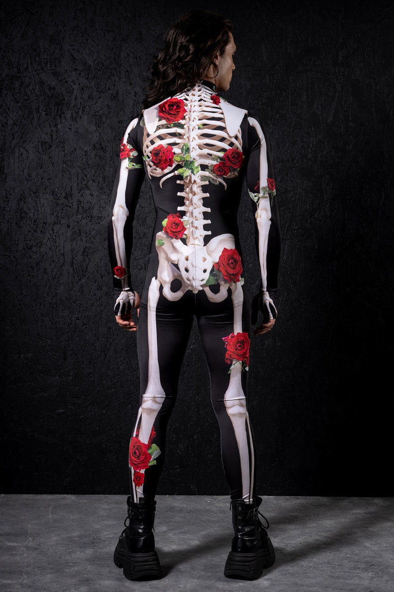 Mens Skeleton Costume with Roses, Day of the Dead Costume, Skeleton Bodysuit, Halloween couple costume, skeleton costume