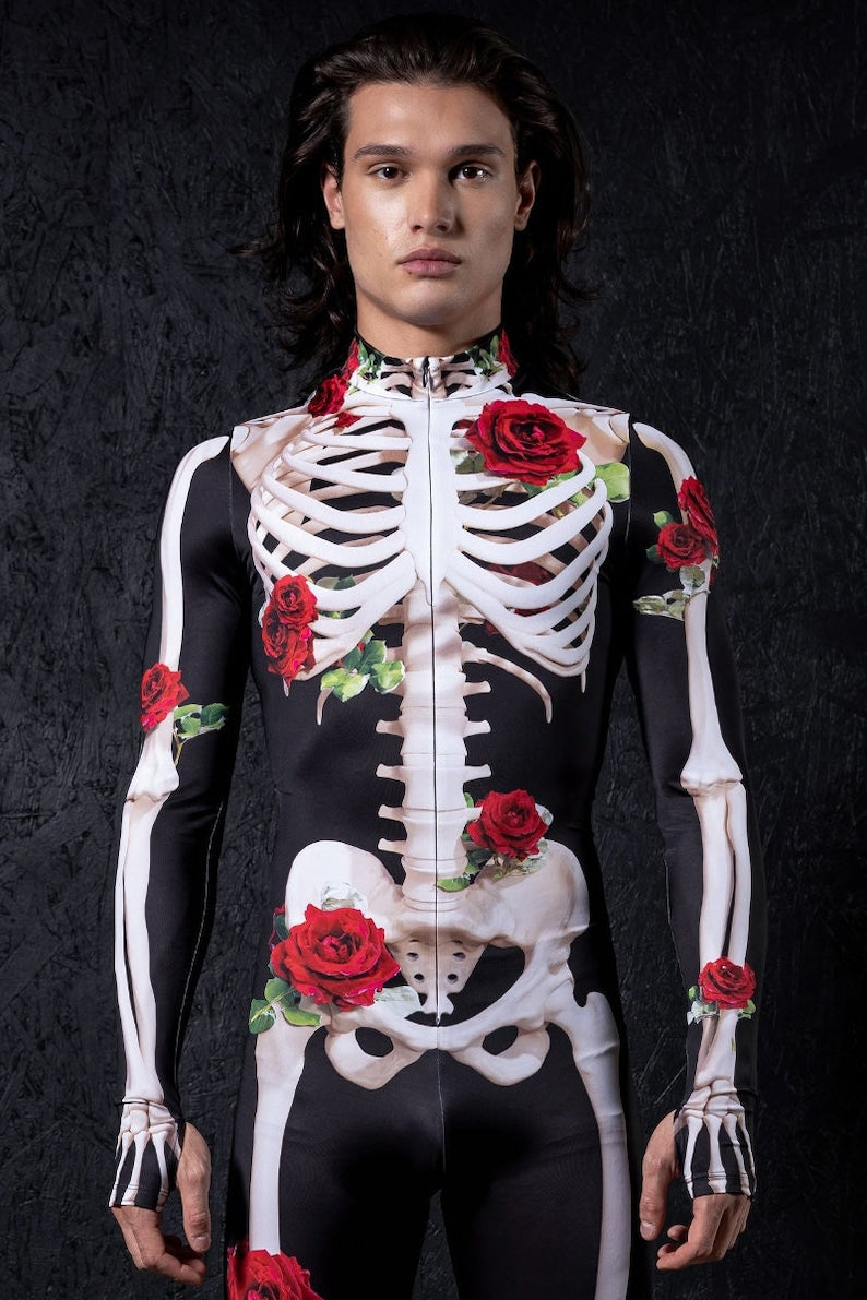 Mens Skeleton Costume with Roses, Day of the Dead Costume, Skeleton Bodysuit, Halloween couple costume, skeleton costume