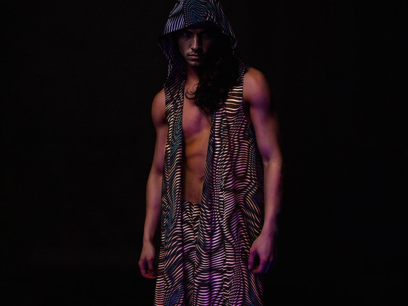 Male UV Psychedelic Set, Hooded Vest and Split Pants, Men Trippy Rave Outfit, Mesh Festival Set for Men, Mens UV Reactive Clothing