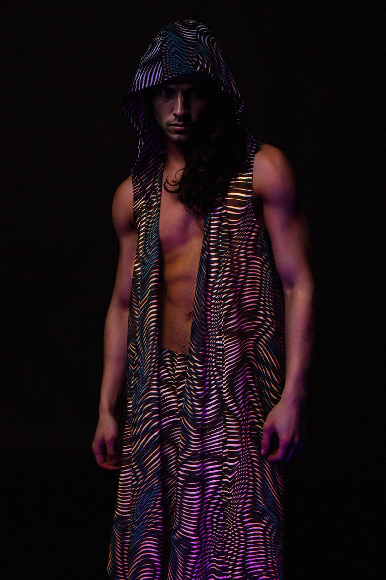 Male UV Psychedelic Set, Hooded Vest and Split Pants, Men Trippy Rave Outfit, Mesh Festival Set for Men, Mens UV Reactive Clothing