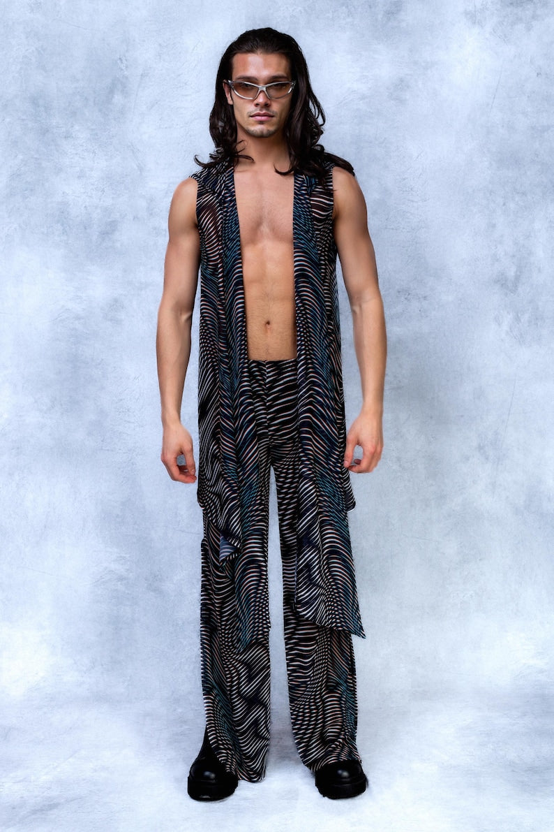 Male UV Psychedelic Set, Hooded Vest and Split Pants, Men Trippy Rave Outfit, Mesh Festival Set for Men, Mens UV Reactive Clothing