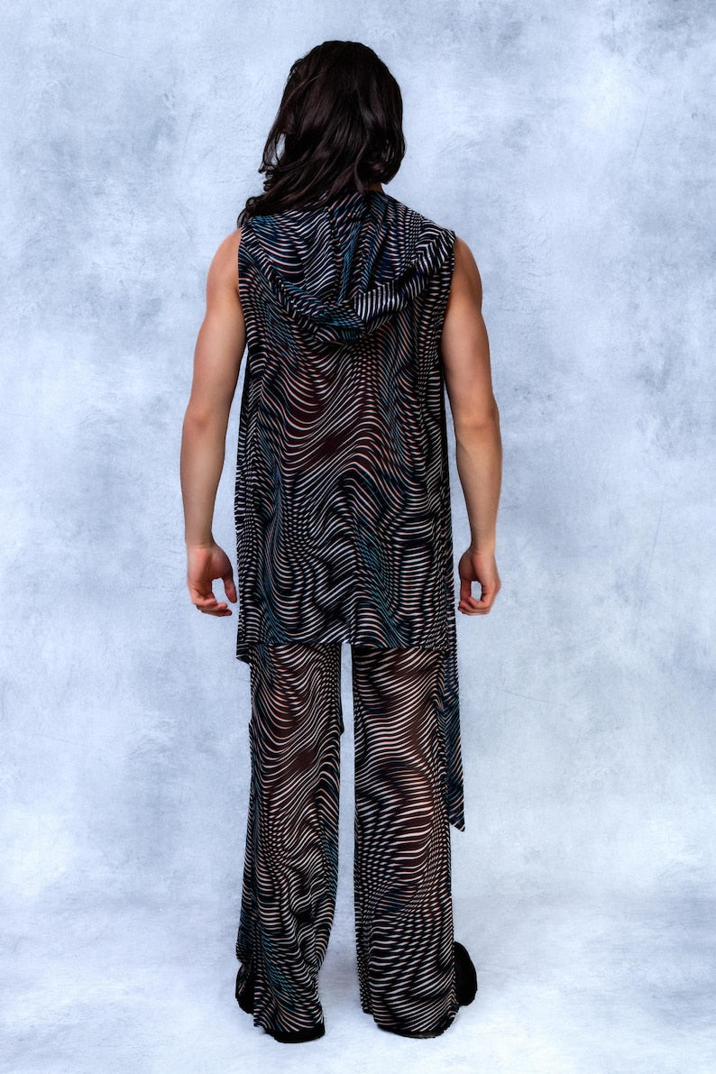 Male UV Psychedelic Set, Hooded Vest and Split Pants, Men Trippy Rave Outfit, Mesh Festival Set for Men, Mens UV Reactive Clothing