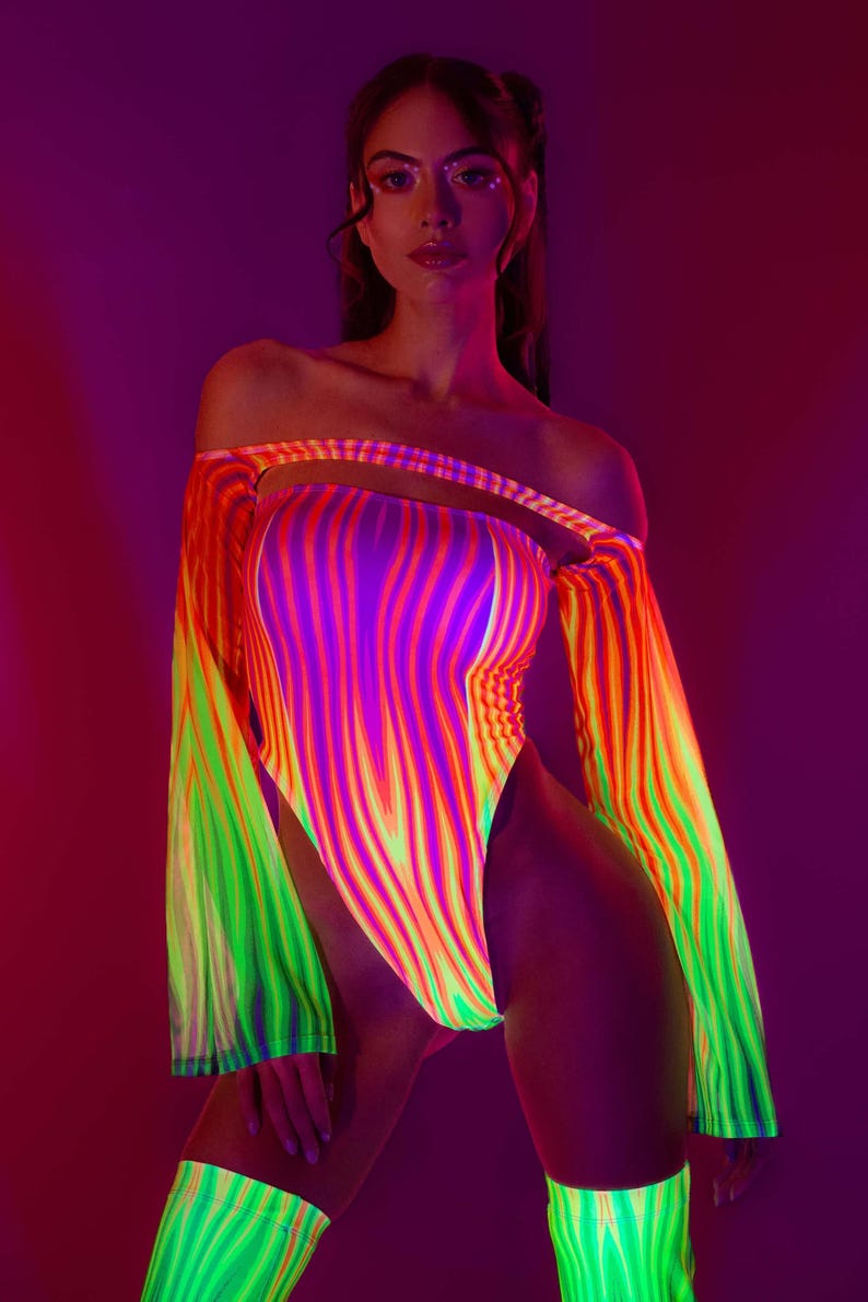 Rave Disco Neon Bodysuit, UV Light Revlective Bodysuit, Rave Bodysuit, Mesh Shrug For Women, Festival Bodysuit Women, Festival Outfit Women
