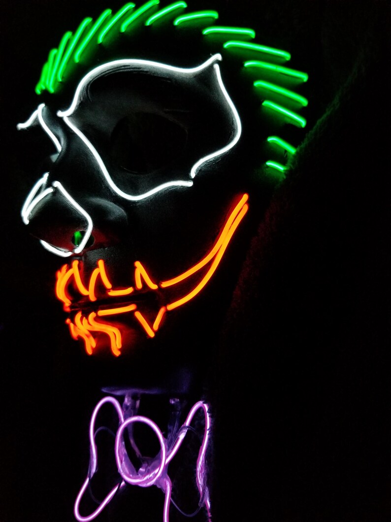 Neon Chaos Glow Mask with 3D Bowtie – Handmade EL Wire Skeleton Cosplay | Light Up Rave, Scary Clown Festival Costume, Halloween Party Wear