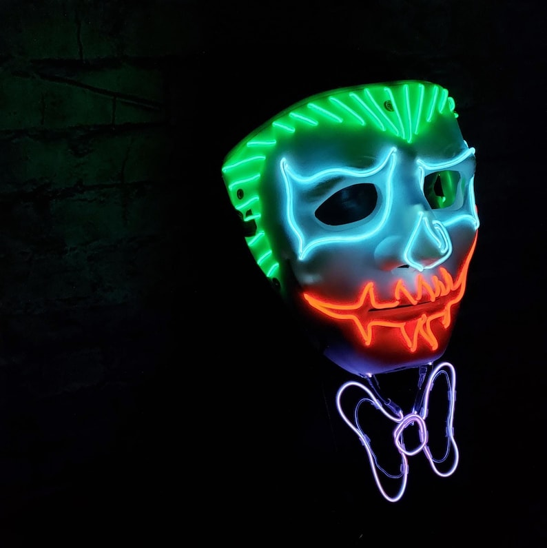 Neon Chaos Glow Mask with 3D Bowtie – Handmade EL Wire Skeleton Cosplay | Light Up Rave, Scary Clown Festival Costume, Halloween Party Wear