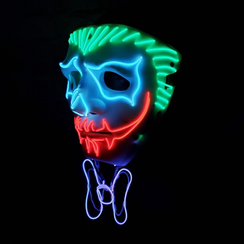 Neon Chaos Glow Mask with 3D Bowtie – Handmade EL Wire Skeleton Cosplay | Light Up Rave, Scary Clown Festival Costume, Halloween Party Wear