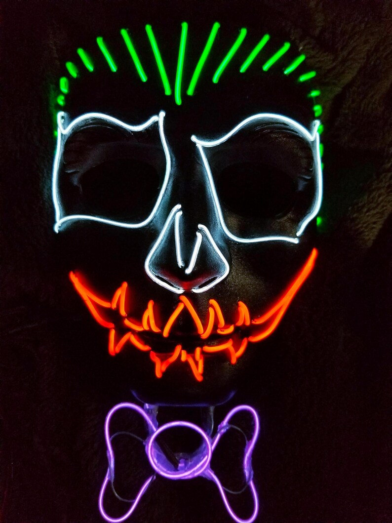 Neon Chaos Glow Mask with 3D Bowtie – Handmade EL Wire Skeleton Cosplay | Light Up Rave, Scary Clown Festival Costume, Halloween Party Wear