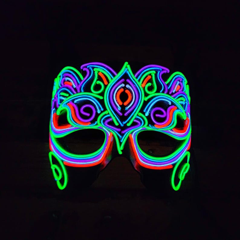 Custom Sequenced Neon Designs – One of a Kind Handmade EL Wire Masks & More | Light Up Animated Neon Cosplay Bespoke Festival Wear Unique