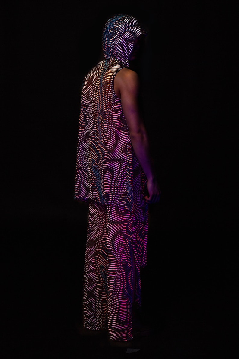 Male UV Psychedelic Set, Hooded Vest and Split Pants, Men Trippy Rave Outfit, Mesh Festival Set for Men, Mens UV Reactive Clothing