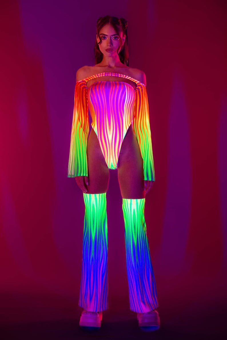 Rave Disco Neon Bodysuit, UV Light Revlective Bodysuit, Rave Bodysuit, Mesh Shrug For Women, Festival Bodysuit Women, Festival Outfit Women