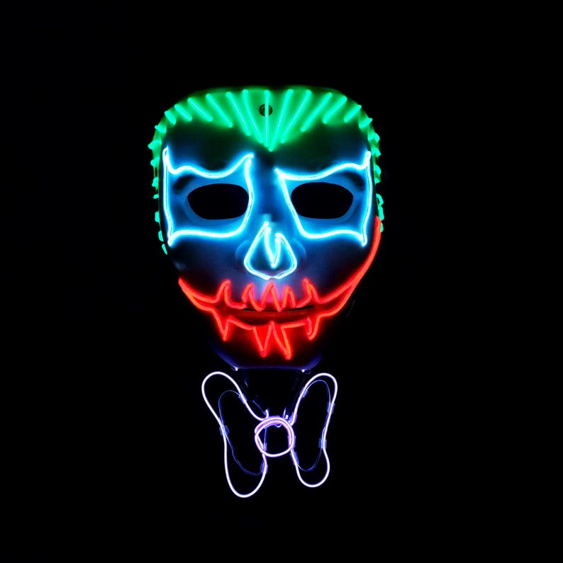 Neon Chaos Glow Mask with 3D Bowtie – Handmade EL Wire Skeleton Cosplay | Light Up Rave, Scary Clown Festival Costume, Halloween Party Wear