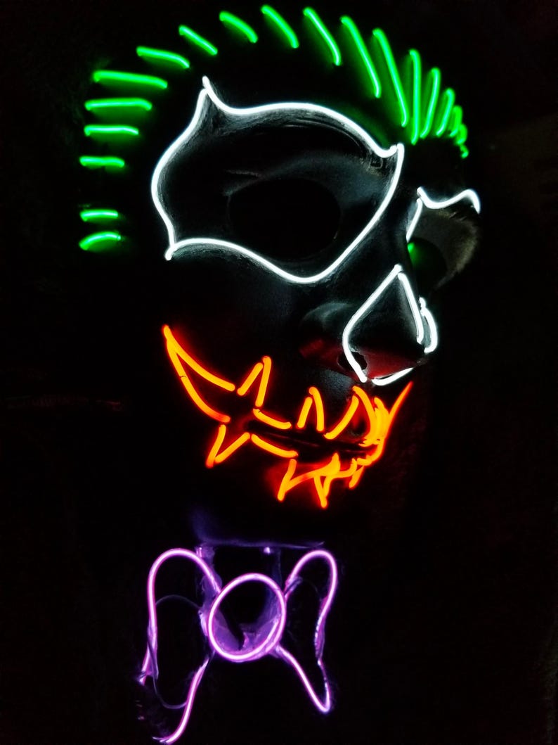 Neon Chaos Glow Mask with 3D Bowtie – Handmade EL Wire Skeleton Cosplay | Light Up Rave, Scary Clown Festival Costume, Halloween Party Wear