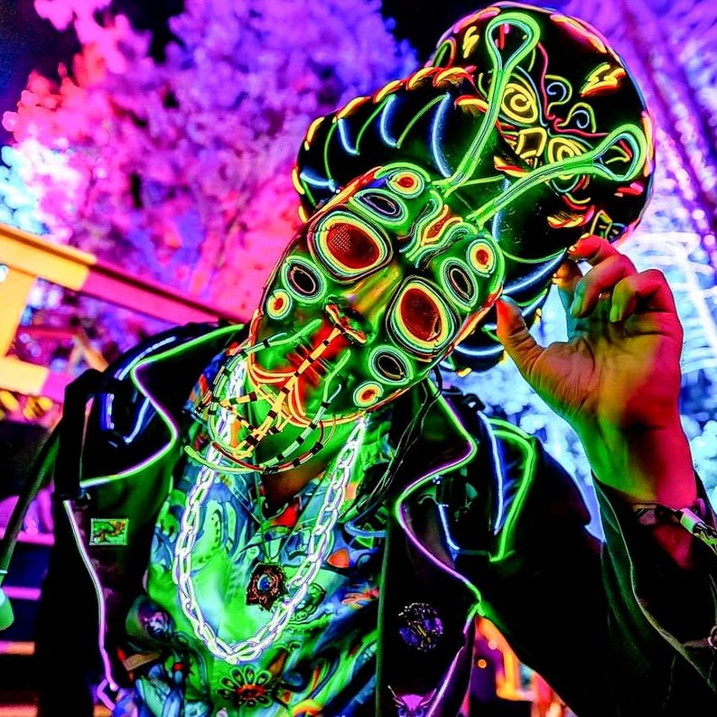 Custom Sequenced Neon Designs – One of a Kind Handmade EL Wire Masks & More | Light Up Animated Neon Cosplay Bespoke Festival Wear Unique