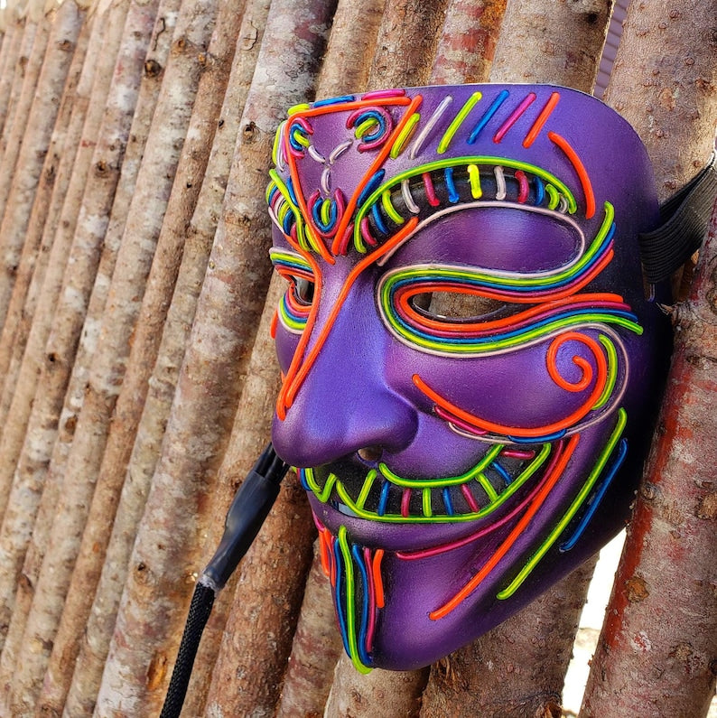 Custom Sequenced Neon Designs – One of a Kind Handmade EL Wire Masks & More | Light Up Animated Neon Cosplay Bespoke Festival Wear Unique